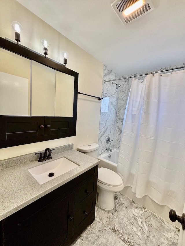 bathroom with shower / tub combo, visible vents, vanity, and toilet