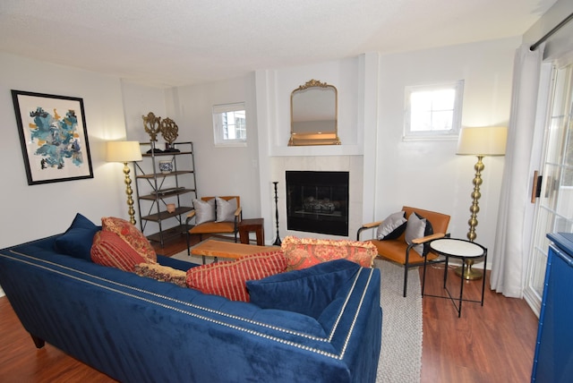 living room featuring a tile fireplace, wood finished floors, and a wealth of natural light