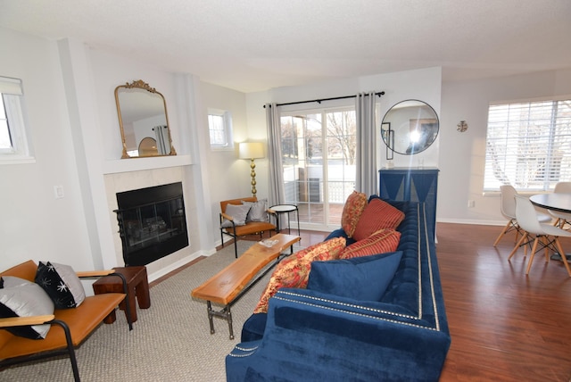 living room featuring a glass covered fireplace, a healthy amount of sunlight, baseboards, and wood finished floors