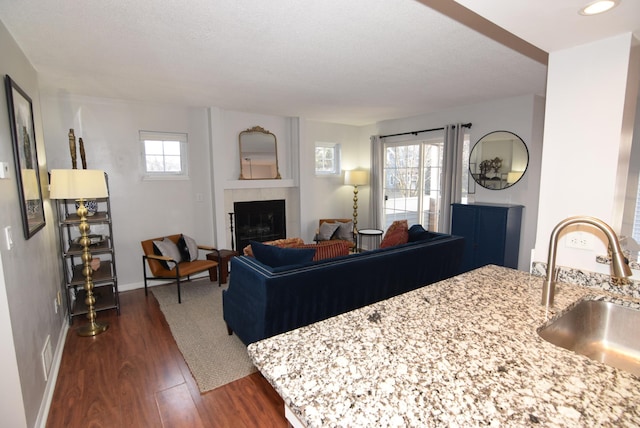 living room with dark wood-type flooring, recessed lighting, a fireplace, and baseboards