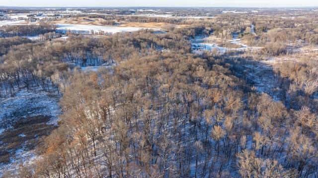 aerial view featuring a wooded view