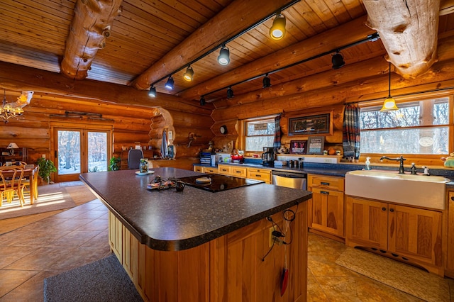 kitchen with dishwasher, wooden ceiling, log walls, black electric cooktop, and a sink