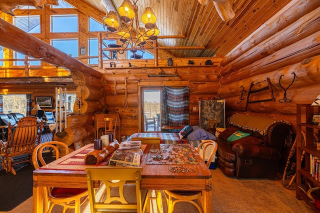 dining room with high vaulted ceiling, wood ceiling, and a notable chandelier