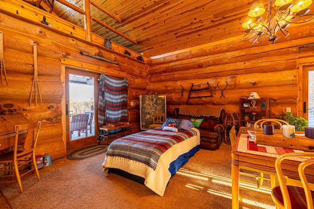 carpeted bedroom featuring wood ceiling, an inviting chandelier, access to exterior, log walls, and vaulted ceiling