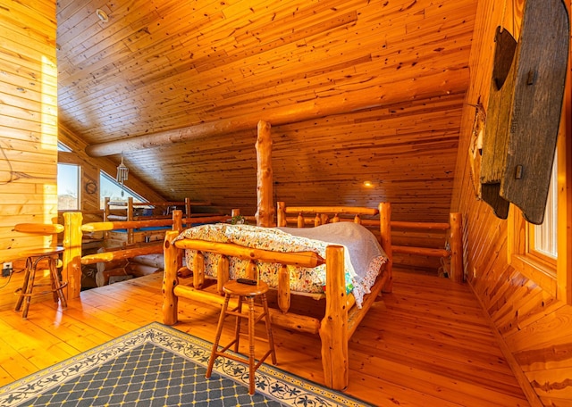 bedroom with lofted ceiling, wooden ceiling, wood-type flooring, wood walls, and rustic walls