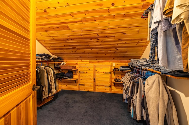 spacious closet with dark colored carpet and vaulted ceiling