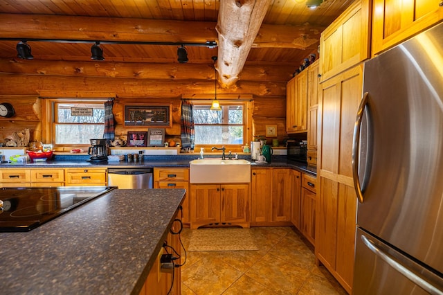 17910 27th Ave, Fair Haven Twp, MN 55320 - kitchen with stainless steel appliances, a sink, wood ceiling with exposed beams, healthy amount of natural light, and rustic walls