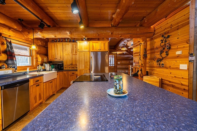 17910 27th Ave, Fair Haven Twp, MN 55320 - kitchen featuring stainless steel appliances, rustic walls, wood ceiling with exposed beams, dark countertops, and a sink