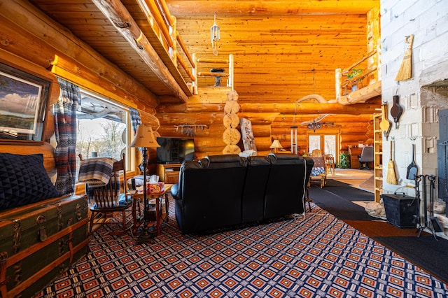 17910 27th Ave, Fair Haven Twp, MN 55320 - carpeted living room featuring wooden ceiling, log walls, and a high ceiling