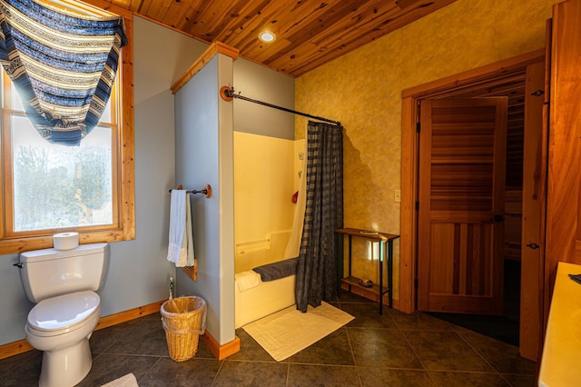 17910 27th Ave, Fair Haven Twp, MN 55320 - bathroom featuring tile patterned flooring, wooden ceiling, toilet, shower / tub combo with curtain, and baseboards