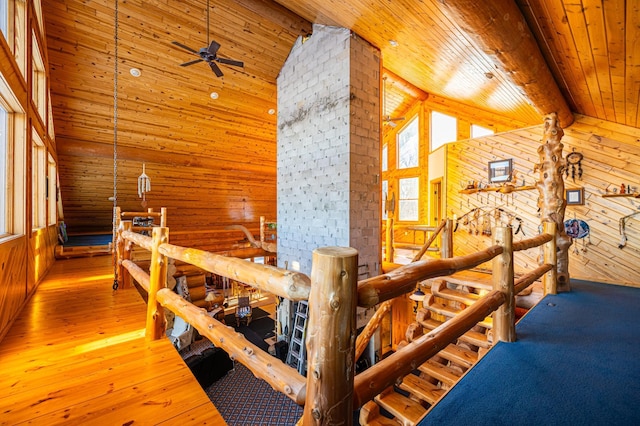 17910 27th Ave, Fair Haven Twp, MN 55320 - bedroom with wooden walls, wood ceiling with exposed beams, high vaulted ceiling, and wood-type flooring