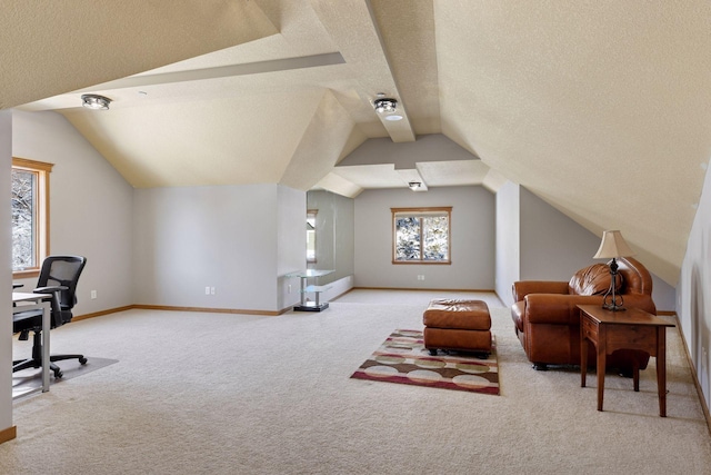 interior space featuring baseboards, a textured ceiling, carpet, and vaulted ceiling