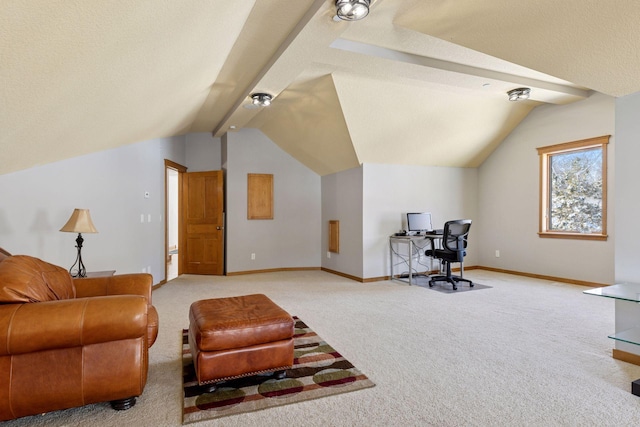 living area with a textured ceiling, vaulted ceiling, baseboards, and light carpet