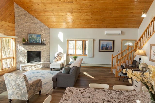 living area featuring wooden ceiling, stairs, an AC wall unit, a stone fireplace, and high vaulted ceiling