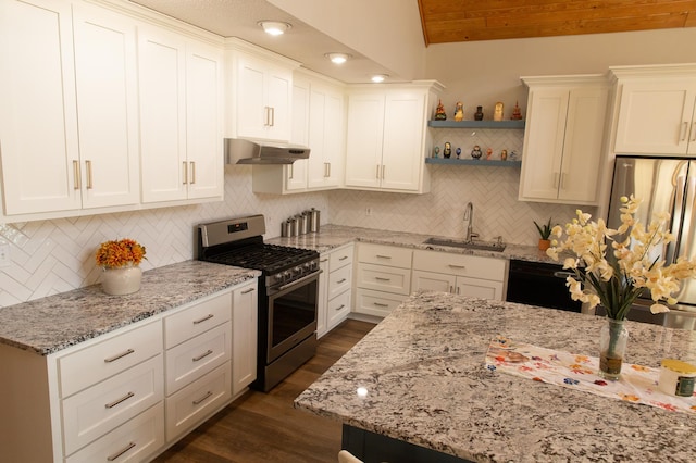 kitchen featuring appliances with stainless steel finishes, a sink, under cabinet range hood, open shelves, and dark wood finished floors