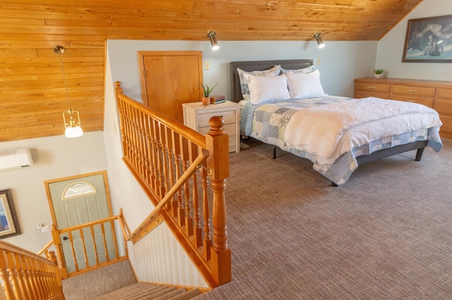 carpeted bedroom featuring a wall unit AC, lofted ceiling, and wood ceiling