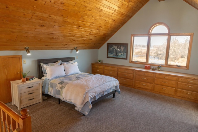 carpeted bedroom with vaulted ceiling and wooden ceiling