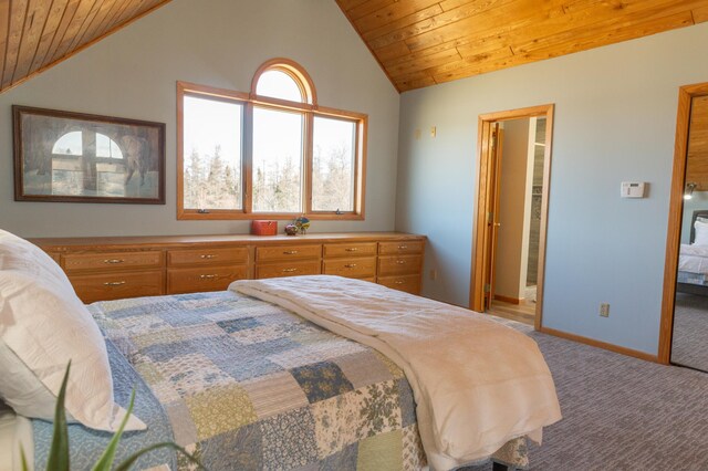 carpeted bedroom with wooden ceiling, lofted ceiling, baseboards, and connected bathroom