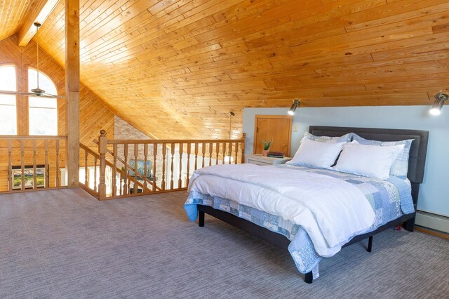 bedroom with wooden ceiling, carpet, and wooden walls