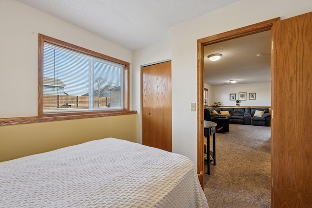 bedroom with a closet, carpet flooring, and a textured ceiling