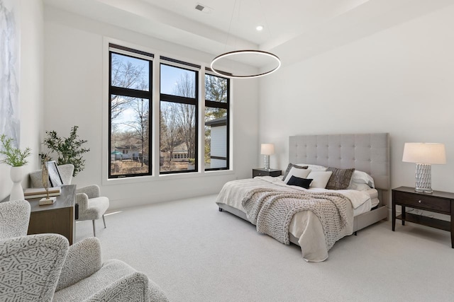 bedroom with carpet floors, visible vents, and recessed lighting