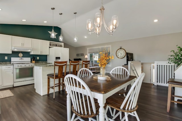 dining space featuring a chandelier, dark wood finished floors, vaulted ceiling, and recessed lighting