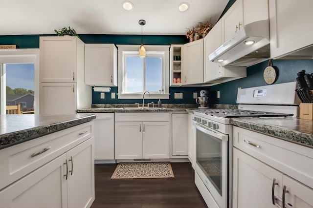 kitchen with plenty of natural light, white appliances, a sink, and under cabinet range hood