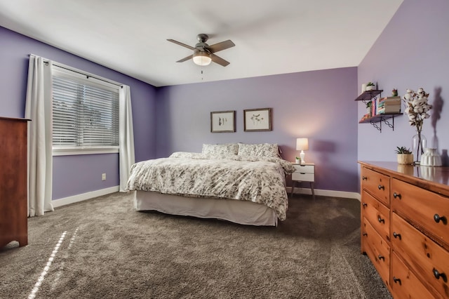 bedroom with carpet flooring, a ceiling fan, and baseboards