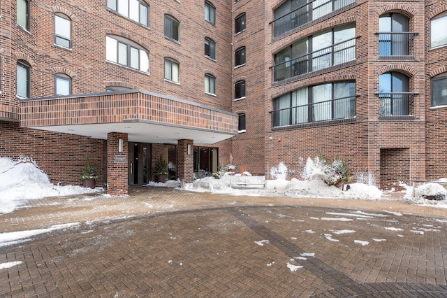 view of snow covered building