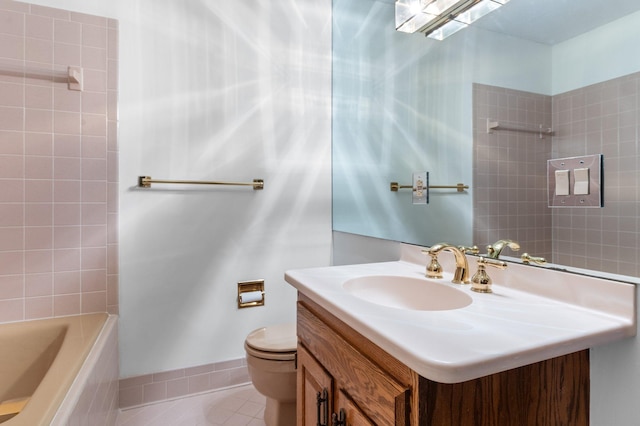 full bathroom with tile patterned floors, toilet, walk in shower, a bath, and vanity