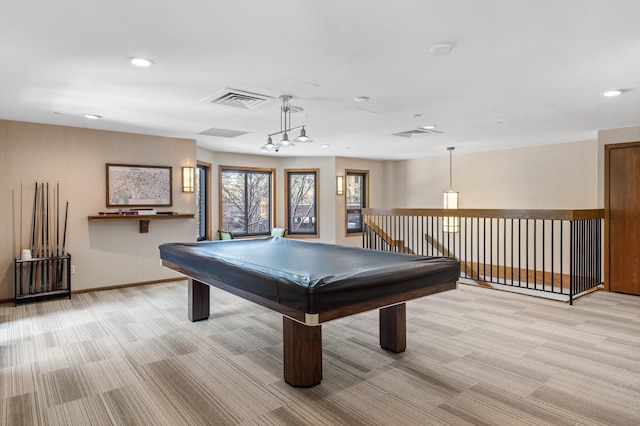 rec room featuring visible vents, baseboards, light colored carpet, and billiards