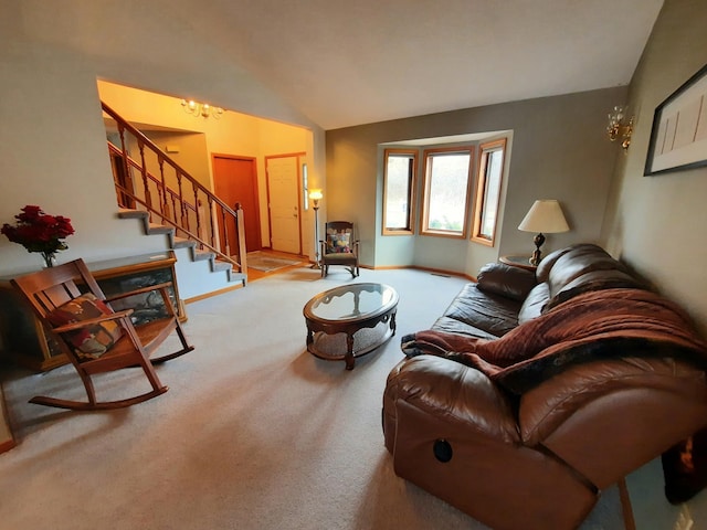 living area featuring stairs, vaulted ceiling, carpet, and baseboards