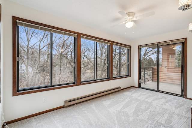 interior space with carpet floors, a baseboard radiator, baseboards, and a ceiling fan