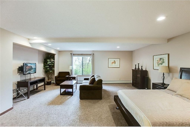 carpeted bedroom featuring a textured ceiling, recessed lighting, a baseboard heating unit, baseboards, and beamed ceiling