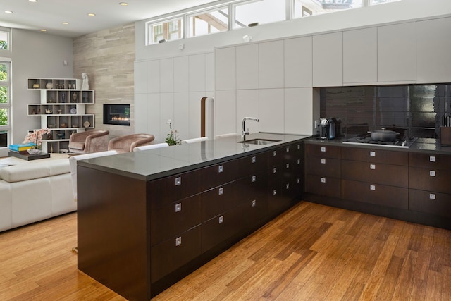 kitchen featuring light wood-type flooring, a tiled fireplace, a sink, and dark brown cabinetry