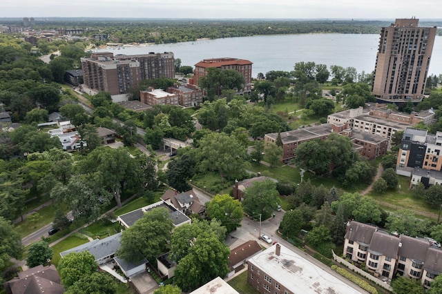 drone / aerial view with a water view