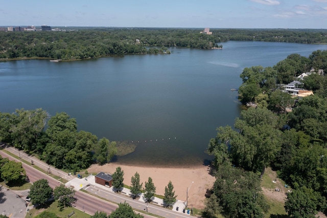 birds eye view of property with a water view and a wooded view