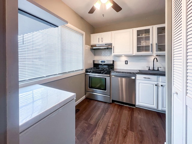 kitchen featuring dark wood-style floors, appliances with stainless steel finishes, white cabinetry, a sink, and under cabinet range hood