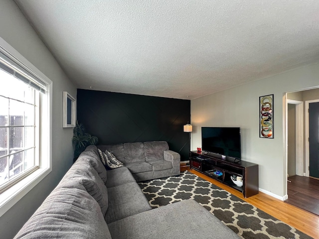 living room with a textured ceiling, baseboards, and wood finished floors