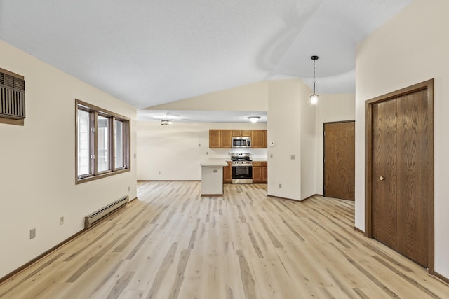 unfurnished living room with baseboards, a wall unit AC, vaulted ceiling, light wood-style floors, and a baseboard heating unit