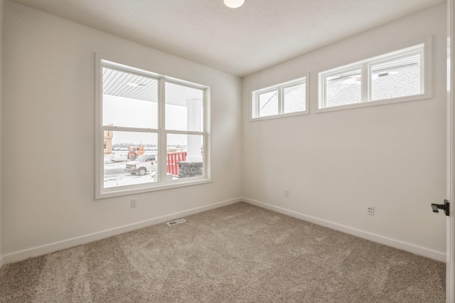 carpeted empty room with visible vents and baseboards