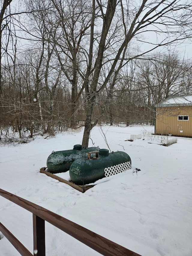 yard covered in snow featuring an outbuilding