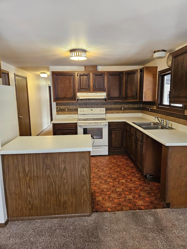 kitchen featuring white electric range, dark brown cabinets, under cabinet range hood, and a sink