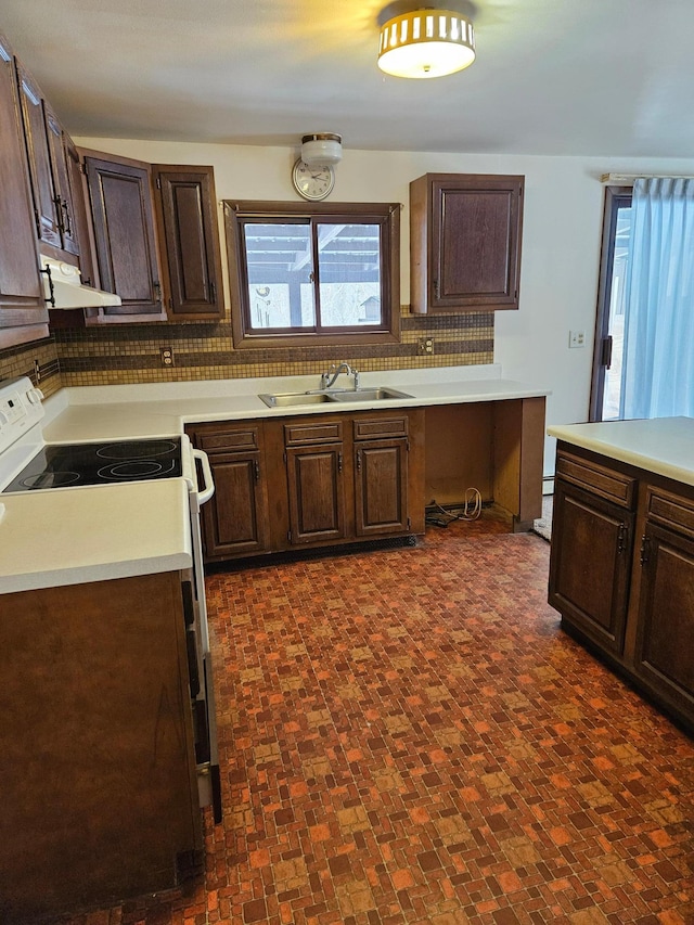 kitchen with electric stove, a sink, under cabinet range hood, dark brown cabinetry, and light countertops