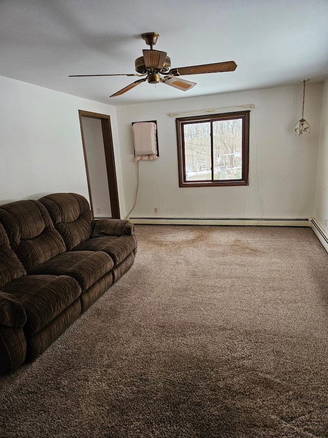 living room with a baseboard radiator, ceiling fan, and carpet floors