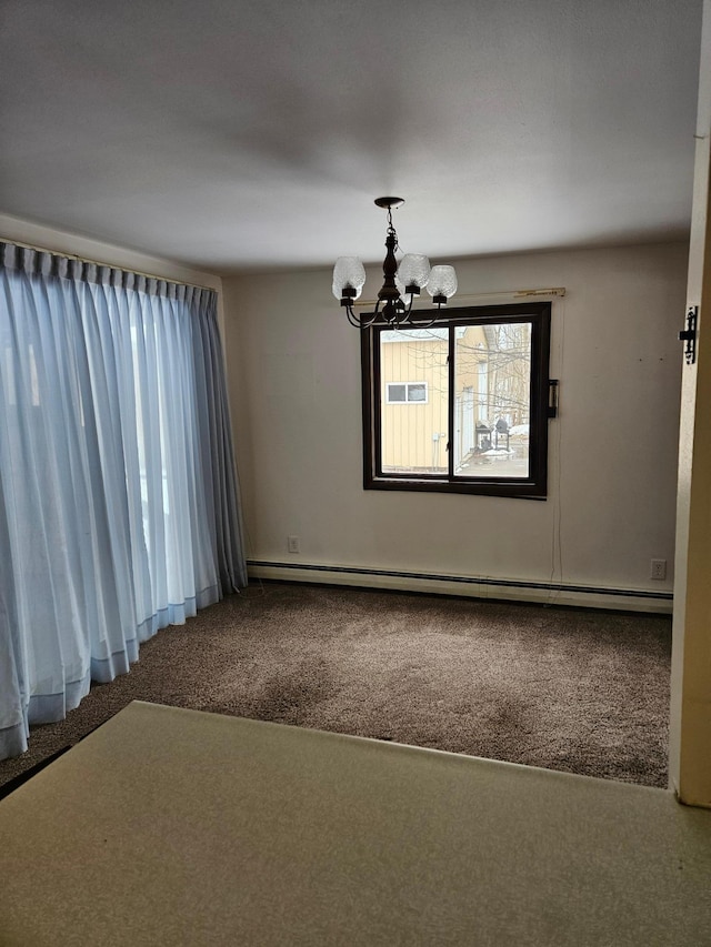 unfurnished room with an inviting chandelier, baseboard heating, and carpet floors