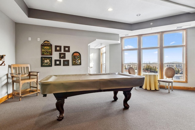 rec room with visible vents, billiards, recessed lighting, carpet floors, and baseboards