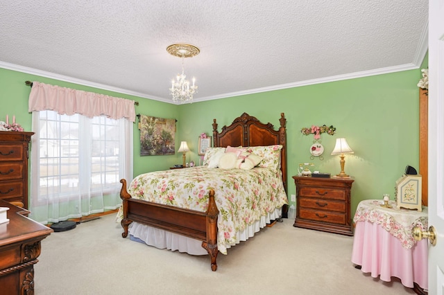 bedroom featuring a chandelier, carpet flooring, a textured ceiling, and crown molding