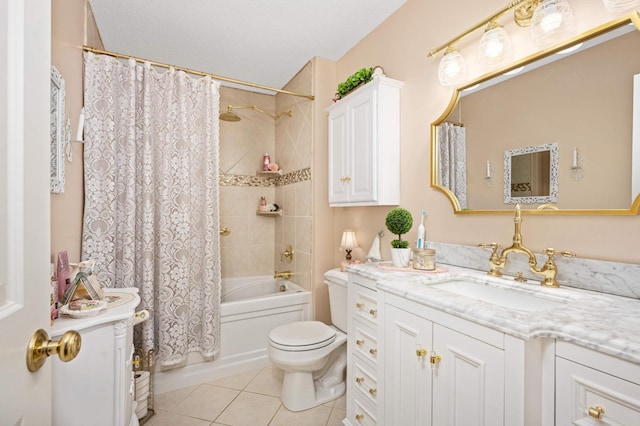 full bath featuring tile patterned flooring, toilet, vanity, and shower / bath combo with shower curtain