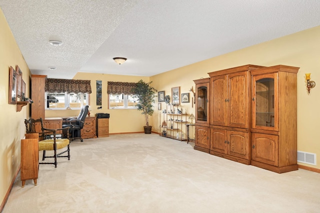 office space featuring light carpet, visible vents, a textured ceiling, and baseboards